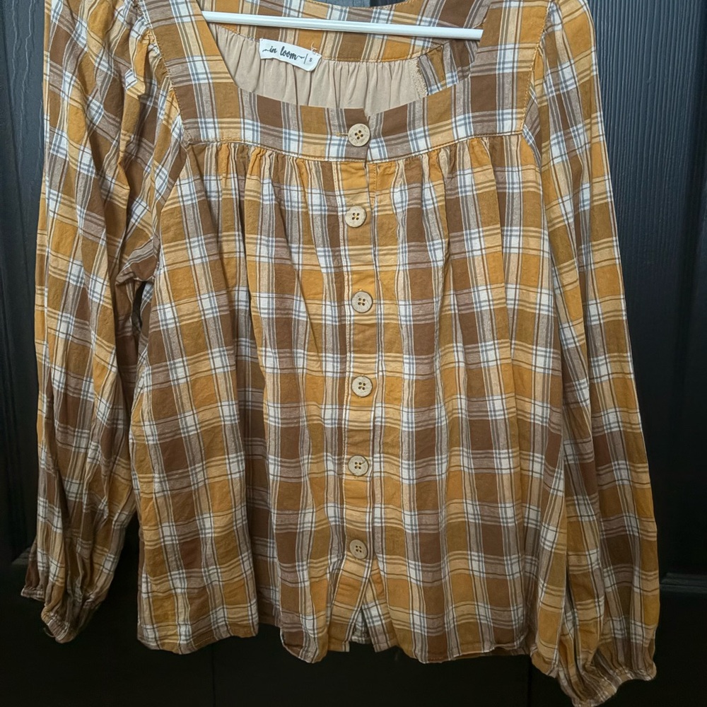 In Loom Mustard and Brown Plaid Blouse